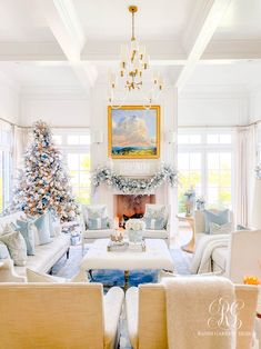 Here’s a look at our Dusty Blue Chinoiserie Christmas Tree. To get a closer look and step by step details, visit my post here. White And Blue Family Room, Grand Melinnial Christmas, Family Room Shades, Hamptons Christmas, Grand Millennial Christmas, Preppy Christmas Tree, Christmas Family Room, College Christmas