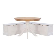 a white table with two drawers and a round wooden table top on one end, in front of a white background