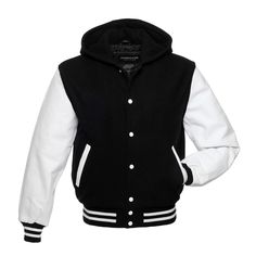 Hybrid Black & White Varsity Jacket Biker Shirts Women, Spiked Leather Jacket, Varsity Jacket Women, Cafe Racer Jacket, Baseball Hoodie, Leather Blazer Jacket, Varsity Jacket Men, Biker Shirts, Leather Sleeves