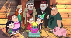 cartoon characters standing around a birthday cake with candles in front of them on a wooden floor