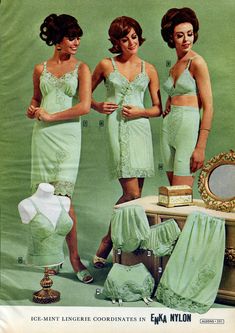 1960s Lingerie, Vintage Girdle, Green Lingerie, 60s And 70s Fashion, Classic Lingerie, Retro Lingerie, Vintage Slips, Lace Slip Dress, Fashion Catalogue