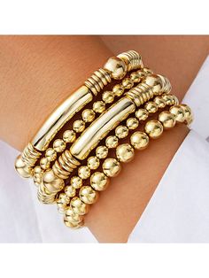 5pcs Ladies Gold Bracelet Bracelet Thick Curved Stacked Electroplated Bead Ball Stretchable Bracelet Gold    Copper Coated Beads     Women Fashion Jewelry, size features are:Bust: ,Length: ,Sleeve Length: Multiple Bracelets, Bracelet Sets, Gold Bracelet Set, Gold Bead Bracelets, Gold Bracelet For Women, Women Bracelet, Watches Women Fashion, Bead Bracelets, Elastic Bracelet