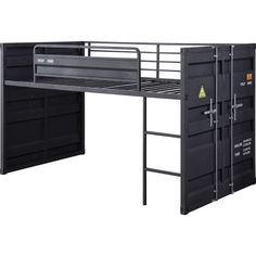 the bunk bed is built into the side of the cargo container, and has two drawers underneath it