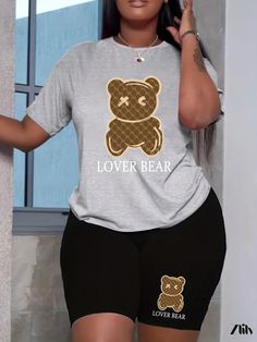 Zlily - Lover Bear Print Two-Piece Set: Short Sleeve Crew Neck T-Shirt and Shorts - Stylish Casual Outfits for Summer and Spring - Womens Clothing Casual Gray Short Sleeve Sets, Gray Casual Short Sleeve Sets, Gray Short Sleeve Casual Sets, Cute Matching Set Top For Loungewear, Cute Short Sleeve Sets With Graphic Print, Cute Letter Print Loungewear Sets, Graphic Print Loungewear Sets With Short Sleeves, Cute Graphic Print Loungewear Sets, Short Sleeve Graphic Print Loungewear Sets