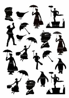 various silhouettes of people with umbrellas and hats