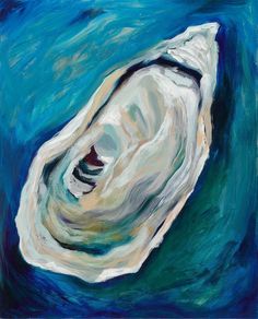 a painting of an oyster shell in blue water