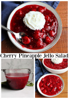 cherry pineapple jello salad with whipped cream in a bowl and on the side