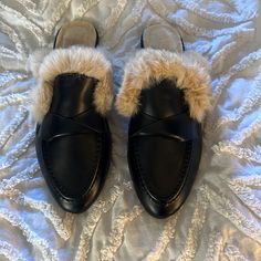 Never Worn From A Smoke-Free Home, Size 43 Or 11. Chic Black Synthetic Slip-ons, Classic Black Slippers For Spring, Black Classic Slippers For Spring, Chic Black Flat Slip-ons, Chic Black Synthetic Loafers, Black Round Toe Mules For Winter, Winter Black Mules With Round Toe, Flat Synthetic Slippers For Fall, Fall Synthetic Flat Mules