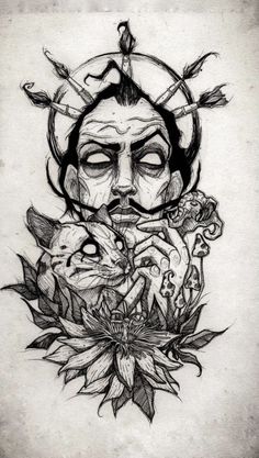 a black and white drawing of a man with flowers on his face, surrounded by leaves