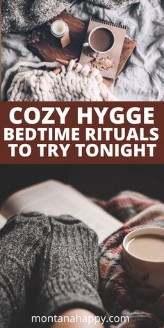 Top photo is a gray blanket with a wood tray and candle, notebook, mug of tea and crochet project.  Bottom photo is plaid blanket with book, tea Cozy Day Ideas, Hygge Bedroom Ideas Romantic, Hygge Iphone Wallpaper, Hygge Fireplace Decor, Hygge Breakfast, Hygge Morning Routine, Cozy Bedtime Aesthetic, Hygge Fall Aesthetic