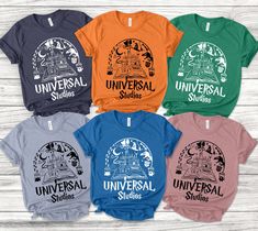 six t - shirts with the words universal studios in different colors and designs on them