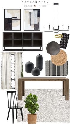 an interior design board with black and white accents