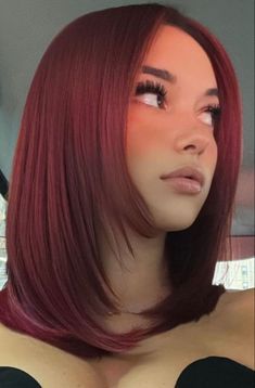 Fancy Hair For Shoulder Length, Wine Colored Natural Short Hair, Medium Hair With Volume Layers, Ruby Red Balayage Hair, Red Hair In Summer, Light Intense Auburn Hair, Red Hair Short Aesthetic, Hair Color For Brown Skin Latina Short, Short Hair In Layers Shoulder Length