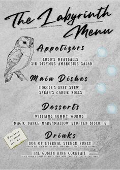 the menu for an event with different types of food and drinks on it's side