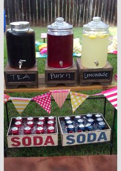 an outdoor table with sodas and lemonade on it