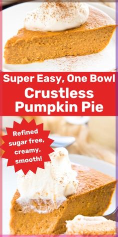 This incredibly easy, foolproof Crustless Pumpkin Pie Recipe is naturally gluten free, refined sugar free, and made in one bowl! It's also a super versatile recipe, you can easily make it dairy free, vegan, sugar free (keto / diabetic friendly and weight watchers friendly) too. This is my favorite gluten free pumpkin dessert that I've been making for Thanksgiving and Christmas for years, and you won't miss the crust with this pumpkin pie! You can make one large pie or small/individual portions too. Punkin Pie Recipe, Gluten Free Pumpkin Desserts, Crustless Pumpkin Pie Recipe, Traditional Pumpkin Pie, Pumpkin Pie Recipe Easy, Crustless Pumpkin Pie, Pumpkin Cheesecake Bars, No Bake Pumpkin Pie, Traditional Pumpkin