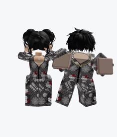 two dolls with black hair are standing next to each other