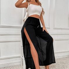 Frenchy Split Thigh Wide Leg Pants New With Tags Size: M Casual Pants With Side Slits, Black High-cut Leg Bottoms For The Beach, Black High-cut Leg Bottoms For Beach, Black High-cut Leg Beach Bottoms, Vacation Pants With Elastic Waistband And Split Shape, Casual Split Pants For Vacation, Black Wide Leg Pants For Summer Day Out, Trendy Split Bottoms For Spring, Casual High Waist Pants With Side Slits