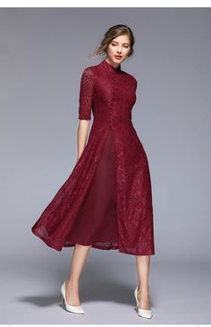 Mid Calf Dresses, Calf Length Dress, Red Lace Dress, Half Sleeve Dresses, Lace Dress Long, Sleeves Dress, Prom Dresses Blue, Midi Length Dress, Party Dresses For Women