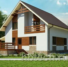 a small white and brown house in the grass