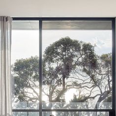 a woman sitting on a couch in front of a large window with trees seen through it