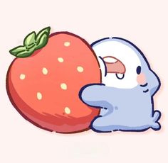 an image of a cartoon character hugging a big strawberry on the side with its eyes closed