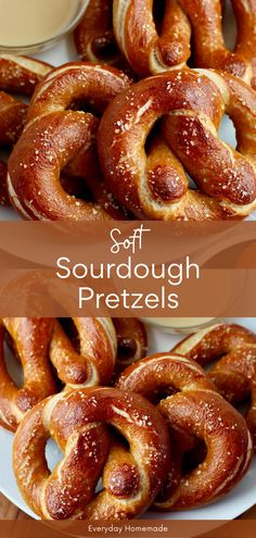 soft sourdough pretzels on a plate with dipping sauce