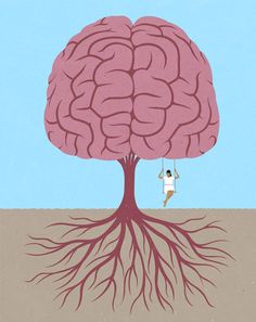 a person swinging on a tree branch with a brain in the middle and roots below