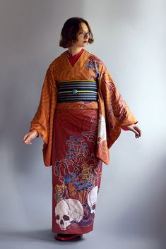 Made of organic cotton fabric, available as yukata or awase kimono, with lining made of red gauze fabric.   Size: S: yuki 66cm, length 160cm, for hips size 90-95cm M: yuki 70cm, length 170cm, for hips size 100-110cm L: yuki 75cm, length 175cm, for hips size 110-115cm XL: yuki 80cm, length 180cm, for hips size 115-120cm     Available on preorder - allow about 1 month to finish. Can be made in custom size, please contact me if you need it customized. Unique Japanese Kimono, High-end Red Kimono With Kimono Sleeves, Traditional Long Kimono, Luxury Red Kimono For Spring, Plus Size Furisode, Village Kimono, March Kimono, Skulls And Mushrooms, Fall Kimono