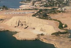 an aerial view of the land and water