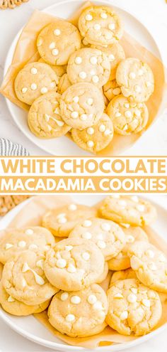 white chocolate macadamia cookies on a plate with the title above it and below