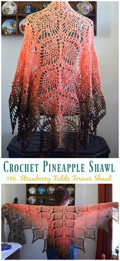 the crochet pineapple shawl is shown in three different colors and sizes