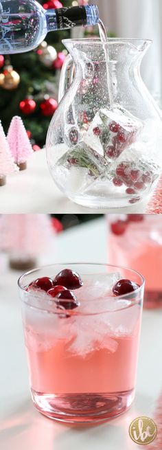 two shots of cranberry punch in front of a christmas tree