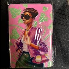 a button with a woman wearing sunglasses on it's face and holding a handbag