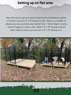 an advertisement for a dog kennel with two dogs in it and the text setting up on flat area