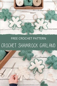 crochet shamrocks and yarn on a table with text overlay