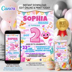 an image of birthday party flyer with balloons and streamers in the background, including a phone