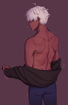 an anime character with white hair and no shirt on, holding his arm wrapped around him