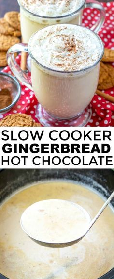 two pictures showing how to make slow cooker gingerbread hot chocolate