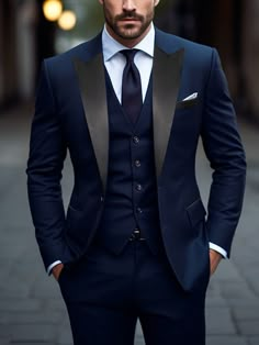 Navy Blue Work,Party Collar   Colorblock  Embellished Non-Stretch  Men Clothing Black And Blue Suits For Men, Navy Suit Outfit Men, Groom Blue Suit, Best Wedding Suits, Jacket And Pants Set, Blue Suit Men, Blue Suit Wedding, Blue Tuxedos