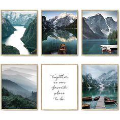 four pictures with mountains and boats on them, one is saying together as one favorite place to be