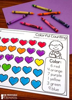 colorful counting worksheet with crayons and crayon pencils next to it