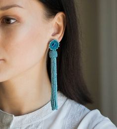 Matte electric blue tassel earrings Light blue beaded tassel earrings Cyan blue fringe earrings Blue swarovski statement earings Blue BOHO earring5 inches long earrings are READY to SHIP!These matte electric blue tassel earrings will look stunning with your summer dresses! Deep blue Swarovski rivoli crystals and matte light blue glass seed beads looks amazing together. These earrings will remember you the deep oean and blue sea all the time you wear them!The earrings are available in three lengt Green Statement Earrings, Green Tassel Earrings, Boho Wedding Earrings, Blue Tassel Earrings, Gold Tassel Earrings, Beaded Tassel Earrings, Long Tassel Earrings, Earrings Beaded, Long Dangle Earrings