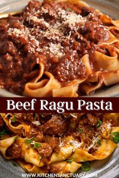 beef ragu pasta with sauce and parmesan cheese in a bowl on the side