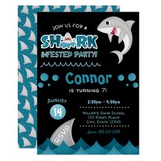 shark birthday party card with an image of a shark in the water, on black and blue