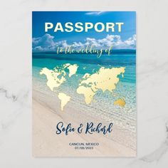 a passport card with the map of the world in blue and gold on it's cover