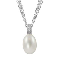 Shine on wearing this sterling silver multistrand necklace. The diamond-accented freshwater cultured pearl pendant gives it a glamorous glow. Wear this stunning necklace with business or dress attire. Three-strand, diamond-cut cable chain shimmers in the light. Rhodium plating adds lustrous beauty to the sterling silver construction. Necklace comes in a gift box. Details: 9-9 1/2-mm cultured pearls 4/5-in. pendant 18-in. necklace Lobster-claw clasp Rhodium-plated sterling silver Image(s) may be Dress Attire, Pearl Diamond, Shine On, Stunning Necklace, Multi Strand Necklace, Cultured Pearls, Pearl Pendant, Cable Chain, Pendant Jewelry