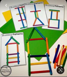 three pictures of building patterns and colored sticks