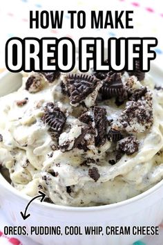 the recipe for oreo fluff is in a bowl