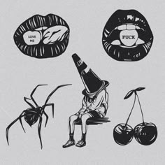 four different illustrations of lips, one with a witch's hat and the other with cherries